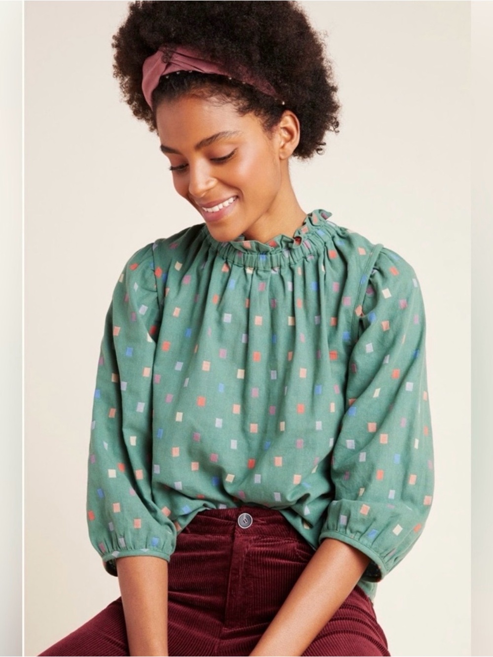 Anthropologie RO & DE Green Multicolor Geometric Ruffle Blouse – Size L